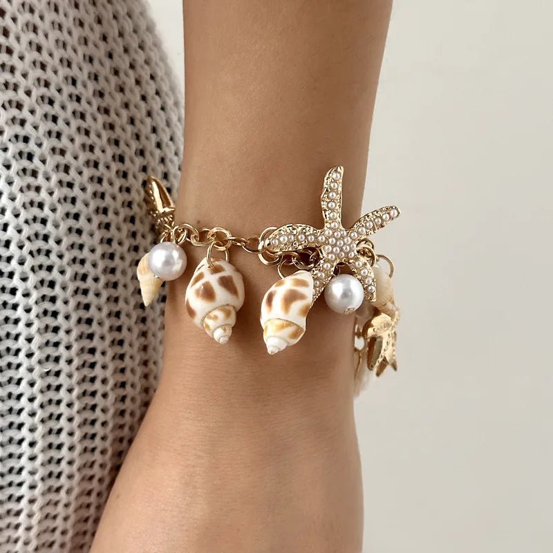 Hawaiian Vacation Starfish Conch Alloy Shell Plating Women's Necklace and Bracelet Set - RYZZ