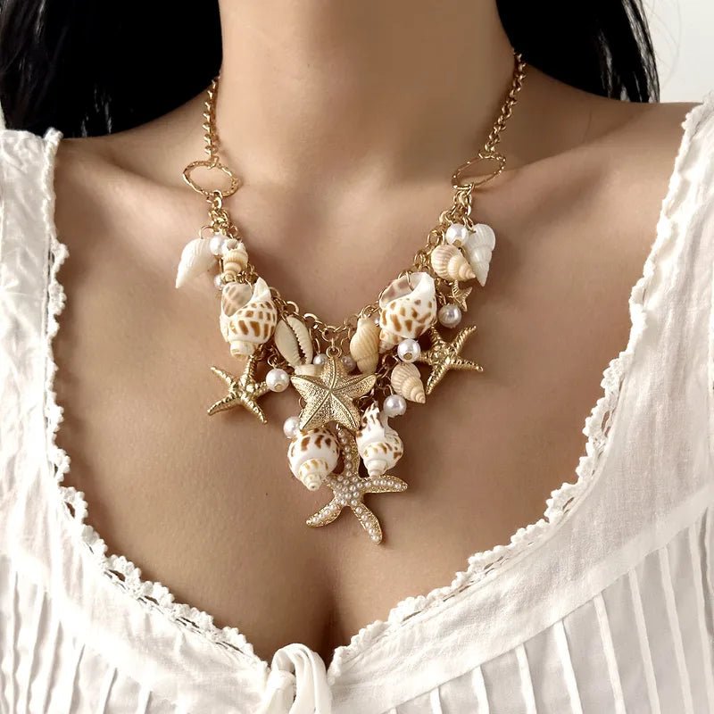 Hawaiian Vacation Starfish Conch Alloy Shell Plating Women's Necklace and Bracelet Set - RYZZ