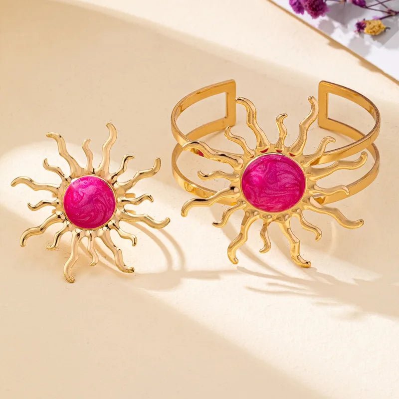 Sun Design Korean Jewelry Set Gold Plated Alloy - Bracelet and Adjustable Ring in Rose Red Colour - RYZZ