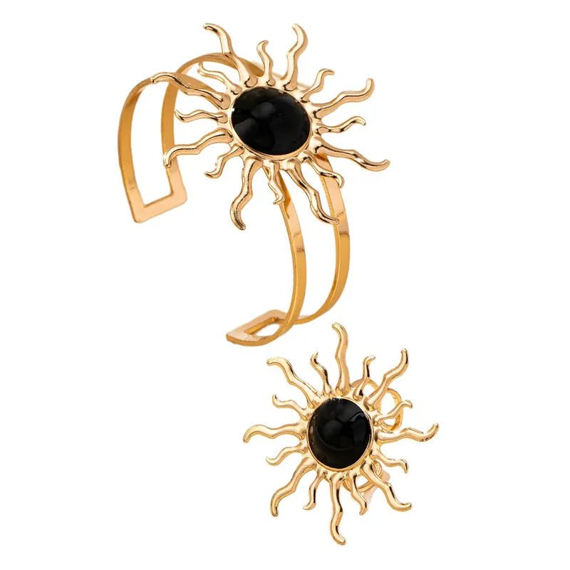 Sun Design Korean Jewelry Set Gold Plated Alloy - Bracelet and Adjustable Ring in Black Colour - RYZZ