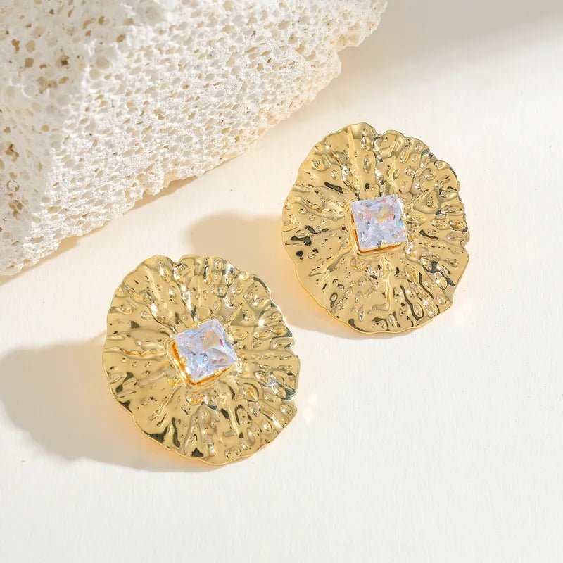 14K Gold Plated Round Hammered Zircon Zinc Alloy Elegant Casual Women's Earrings - RYZZ