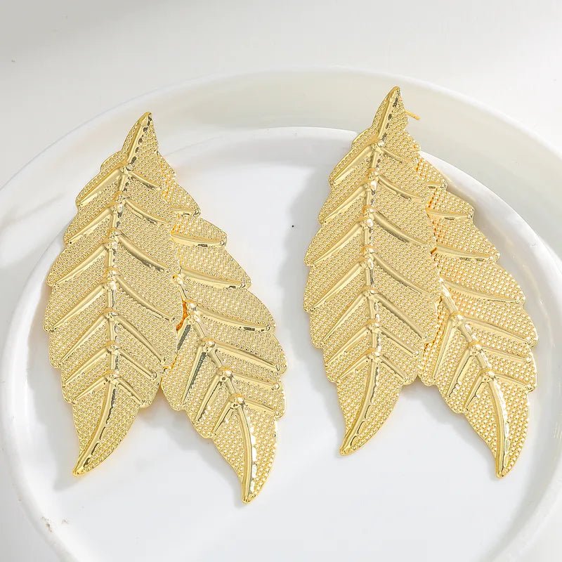 18K Gold Plated Stainless Steel Gold Wrinkle Long Leaf Earrings For Women - RYZZ