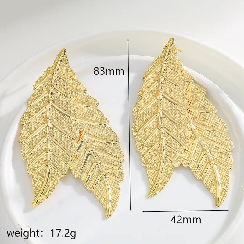 18K Gold Plated Stainless Steel Gold Wrinkle Long Leaf Earrings For Women - RYZZ