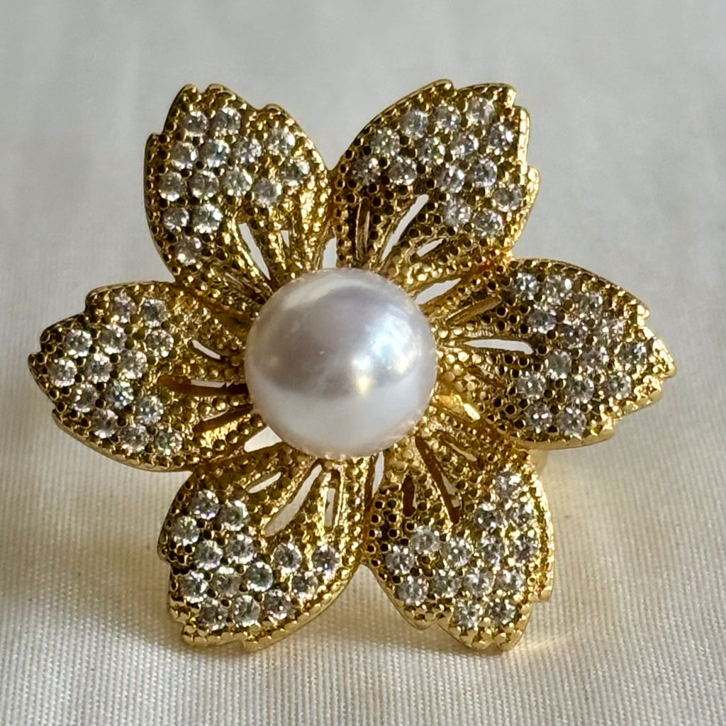 Korean Floral Design Zirconia and Pearl Drop Adjustable Ring in High Grade Alloy - RYZZ