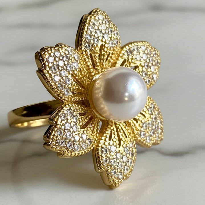 Korean Floral Design Zirconia and Pearl Drop Adjustable Ring in High Grade Alloy - RYZZ