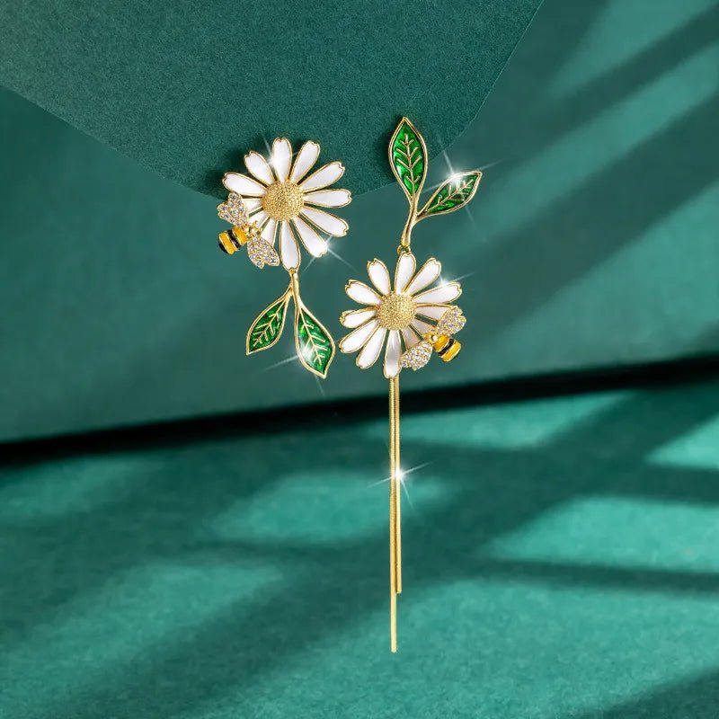 Asymmetric Long Tassel Earrings Design Daisy Series Flower Bee Painting Oil Leaf Unusual Style For Women - RYZZ