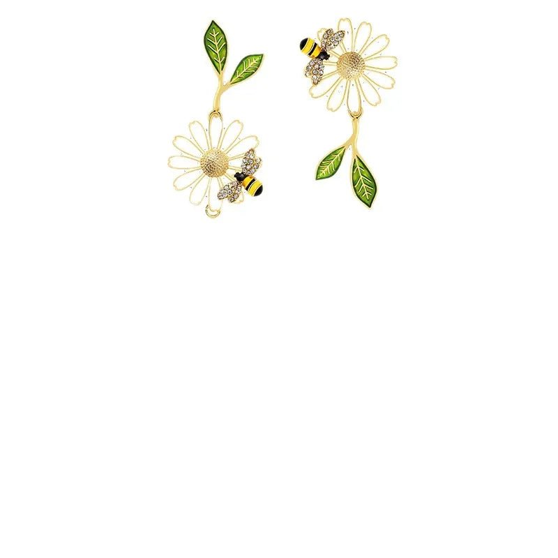 Asymmetric Long Tassel Earrings Design Daisy Series Flower Bee Painting Oil Leaf Unusual Style For Women - RYZZ