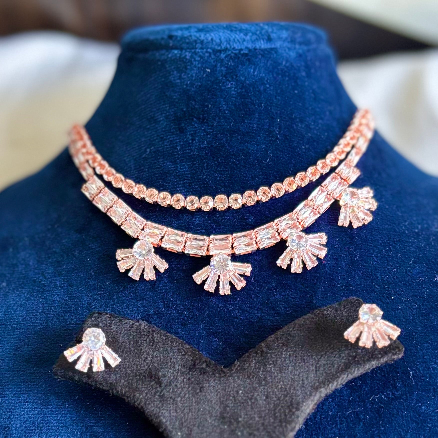 Rose Gold White Necklace and Earrings American Diamond Set Cubic Zirconia Choker Set - RYZZ
