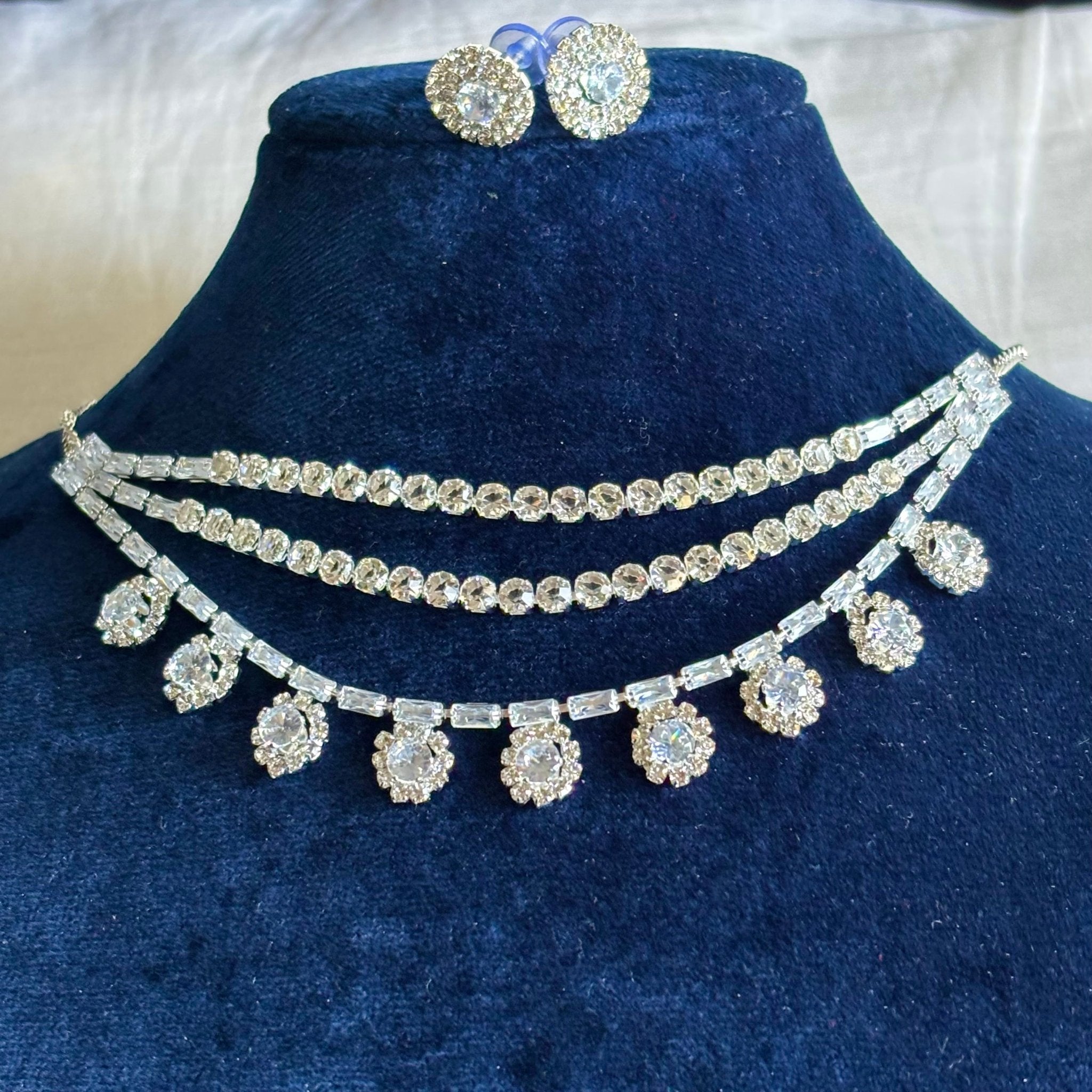 Silver Polish Necklace and Earrings American Diamond Set Cubic Zirconia Choker Set - RYZZ