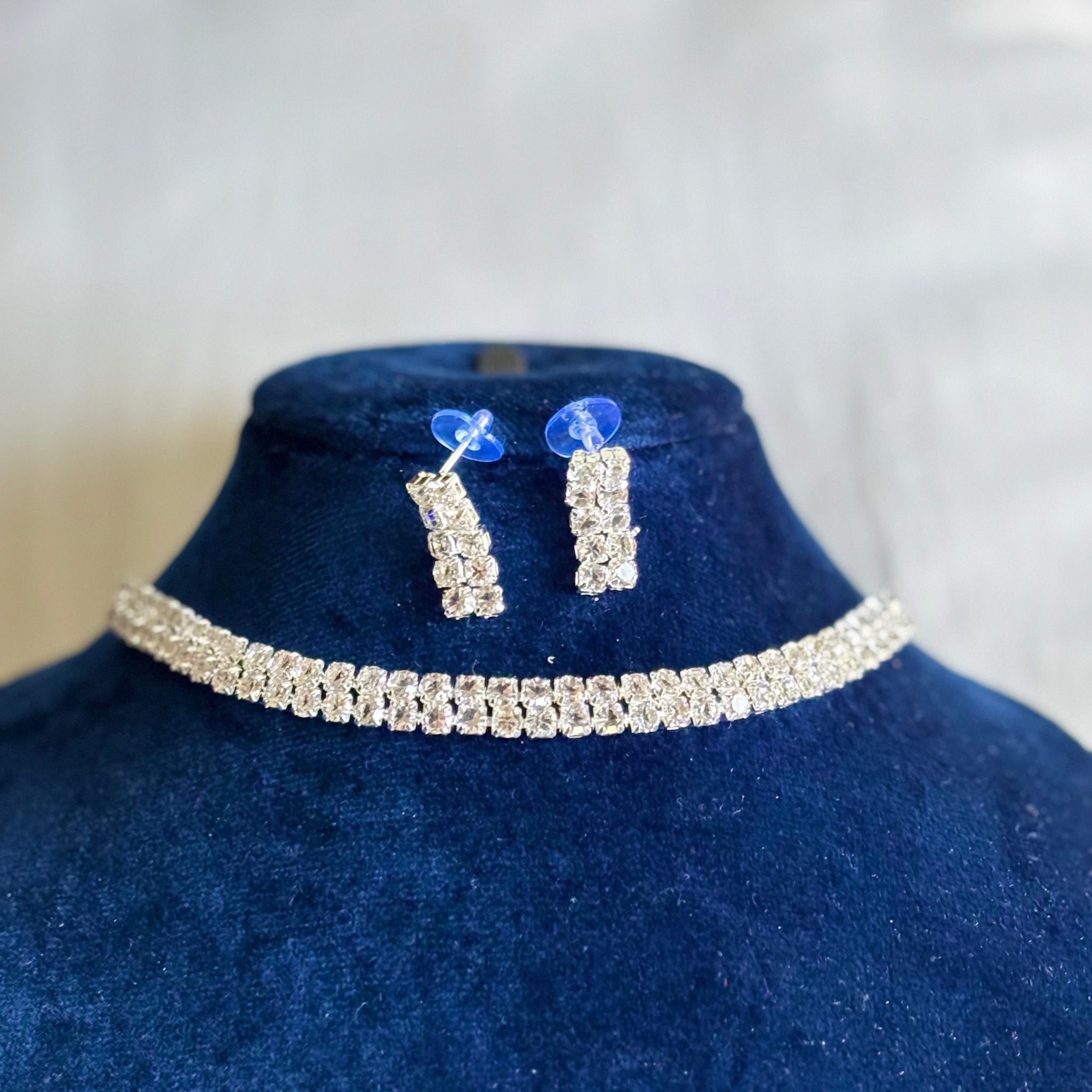 Silver Polish Necklace and Earrings American Diamond Set Cubic Zirconia Choker Set - RYZZ