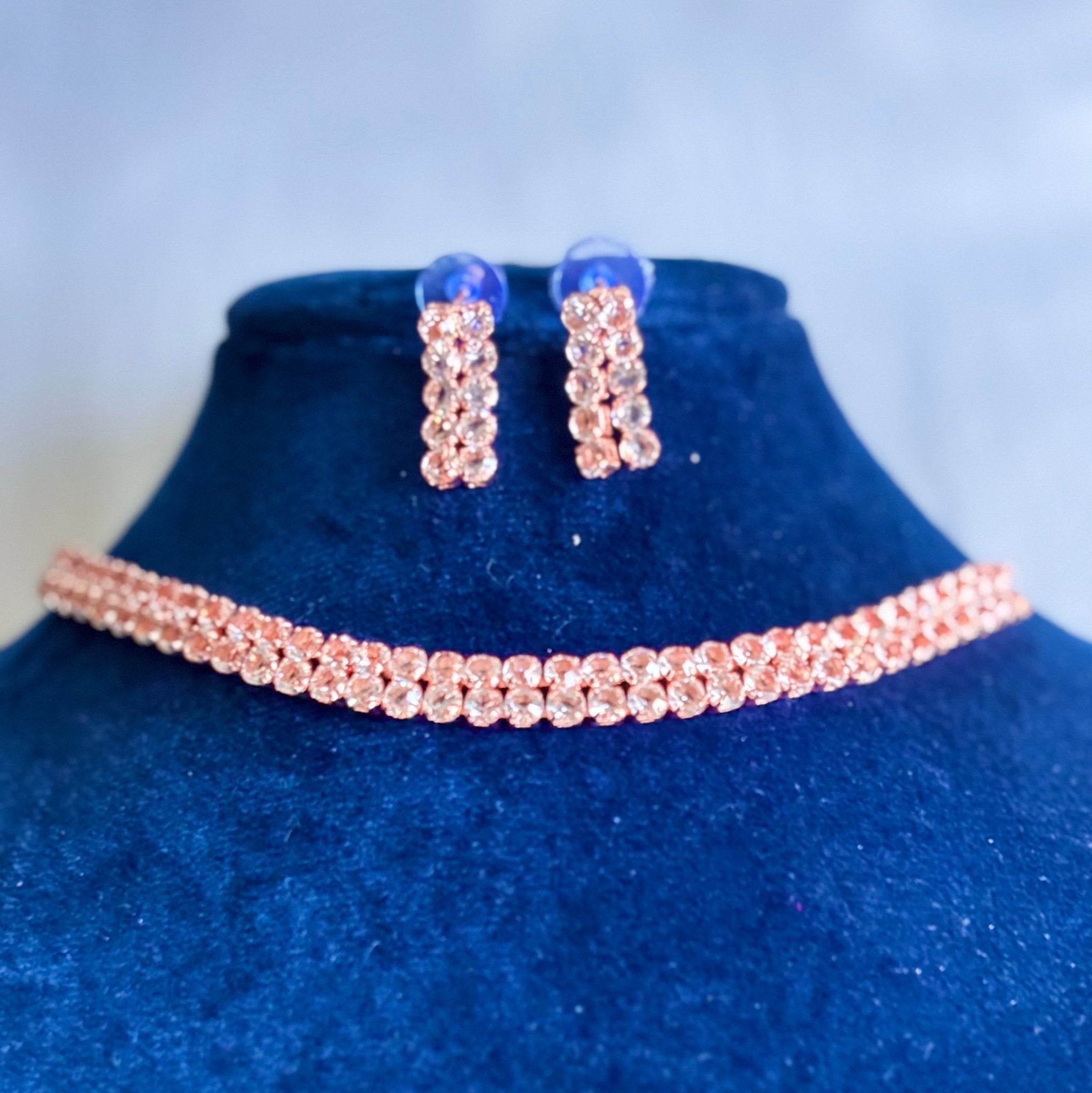 Rose Gold White Necklace and Earrings American Diamond Set Cubic Zirconia Choker Set - RYZZ
