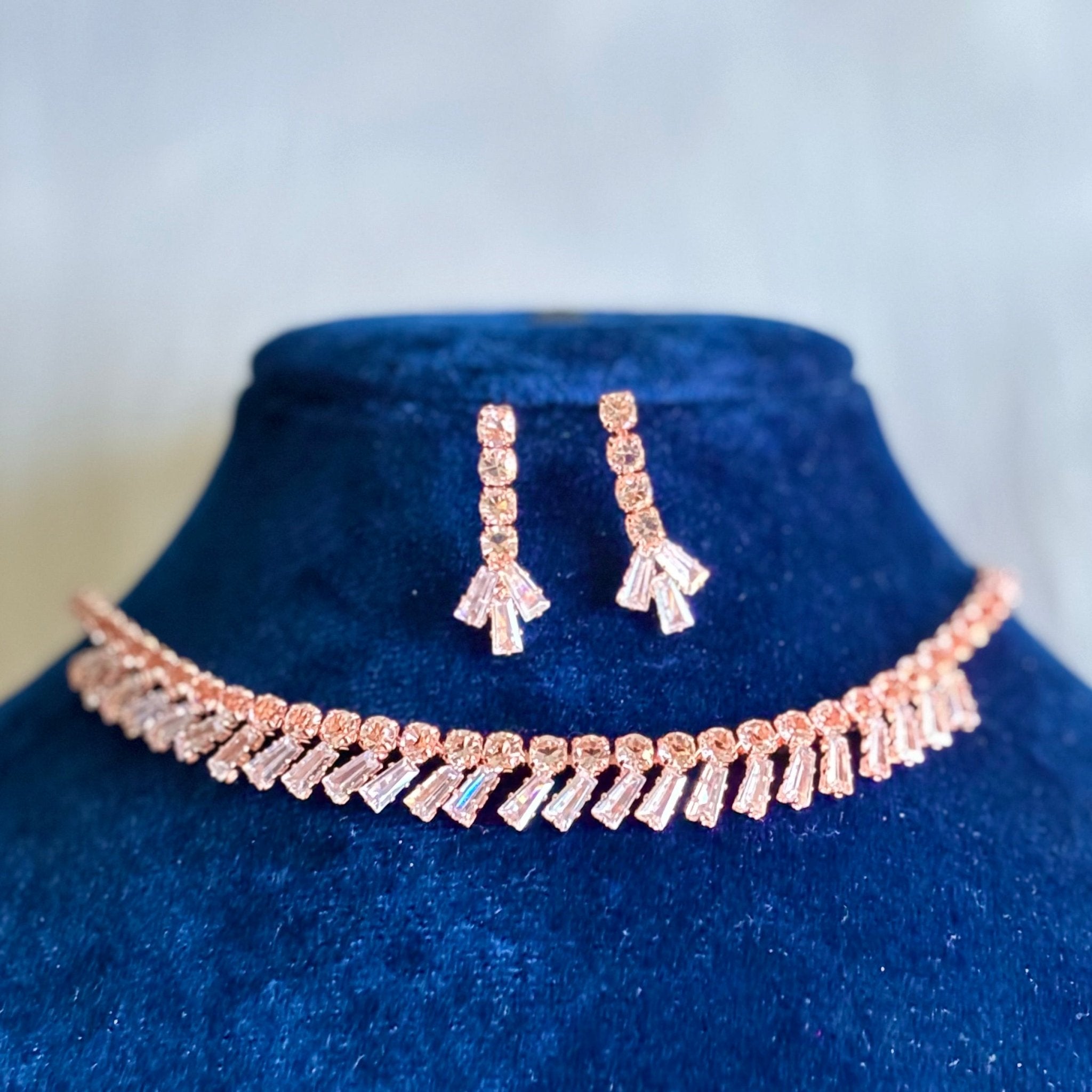 Rose Gold Multi Colour Necklace and Earrings American Diamond Set Cubic Zirconia Choker Set - RYZZ