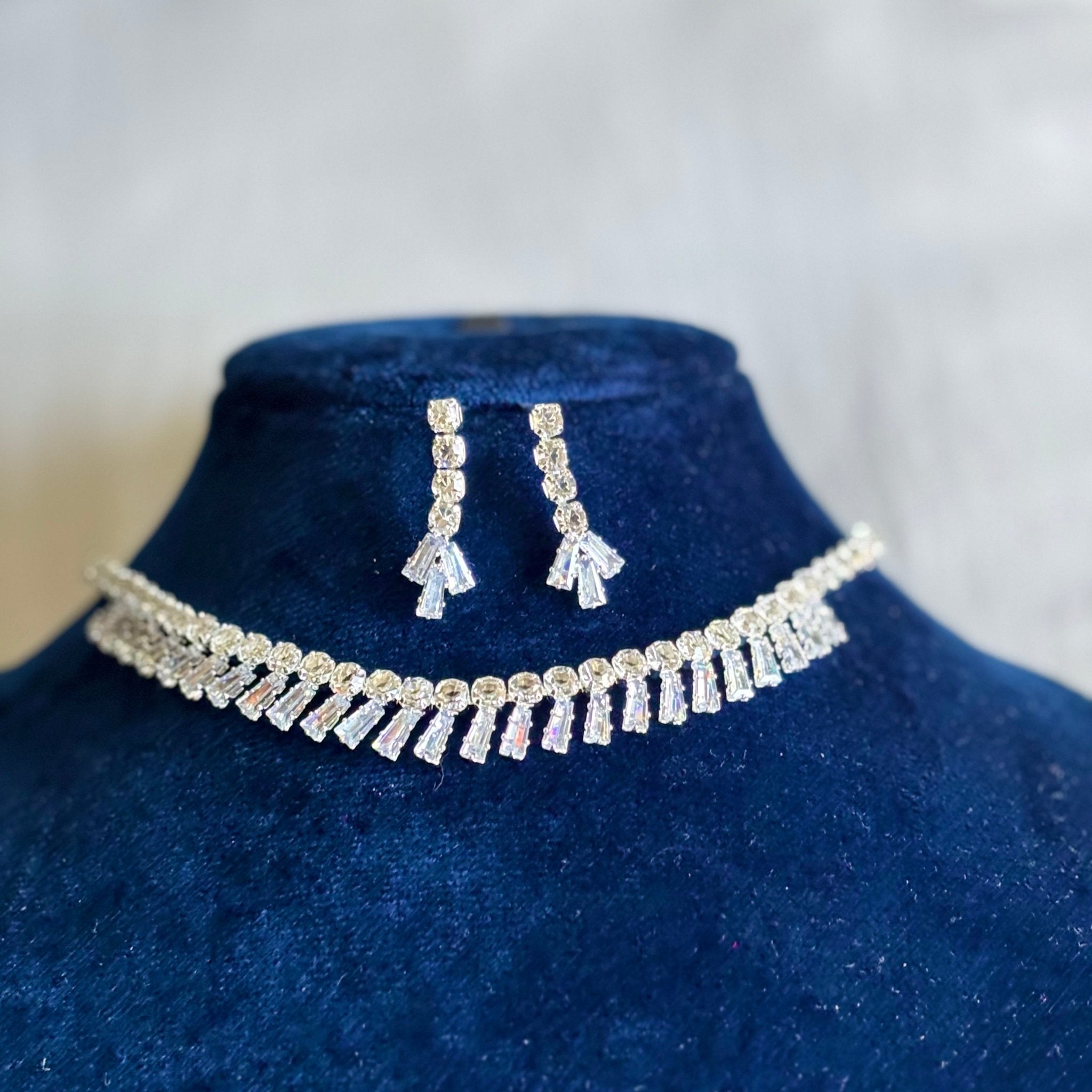 Silver Polish Necklace and Earrings American Diamond Set Cubic Zirconia Choker Set - RYZZ