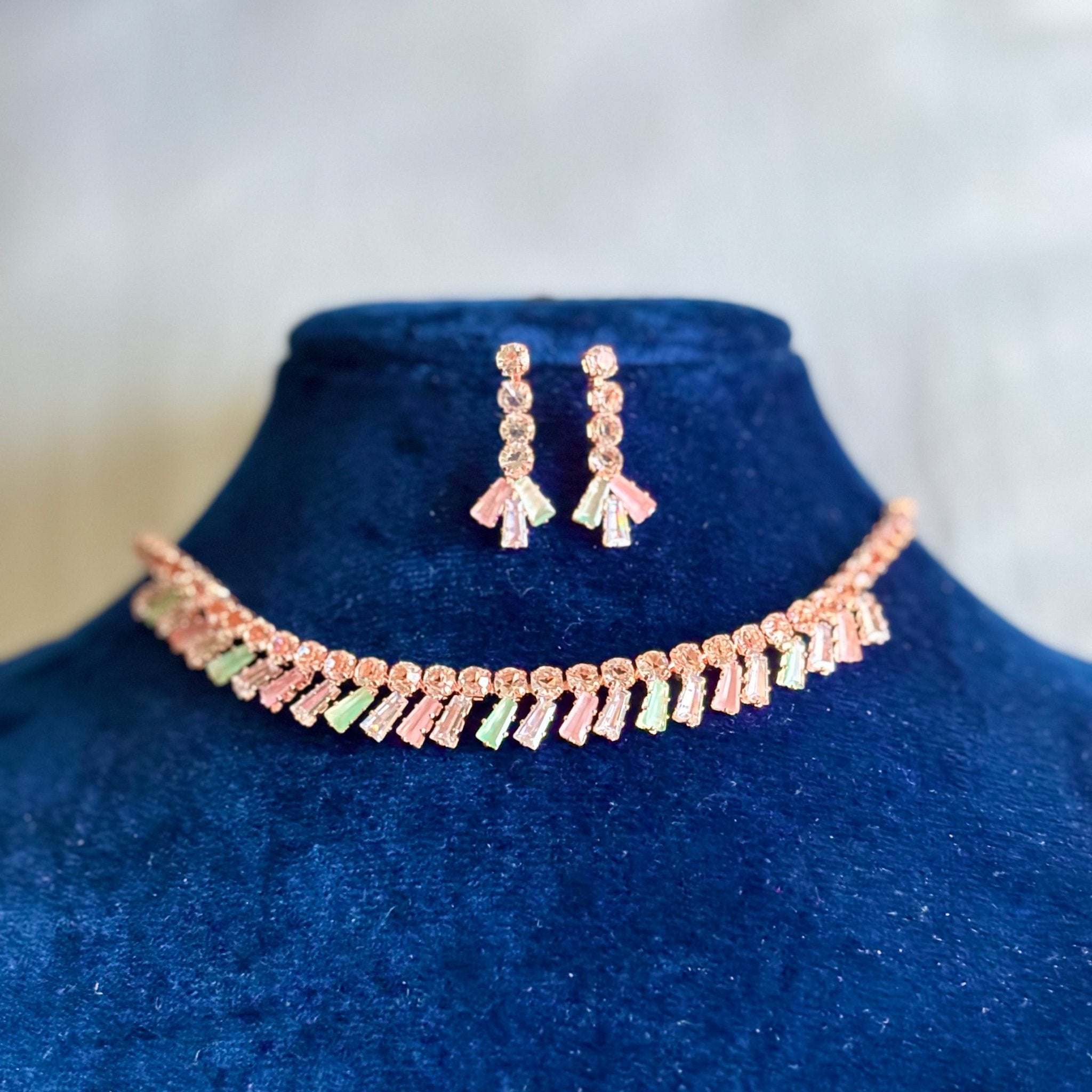 Rose Gold White Necklace and Earrings American Diamond Set Cubic Zirconia Choker Set - RYZZ