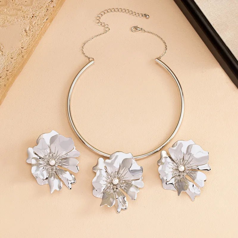 Flower Pendant Necklace And Earrings Set For Women Alloy Material Jewelry Combination Accessories - RYZZ