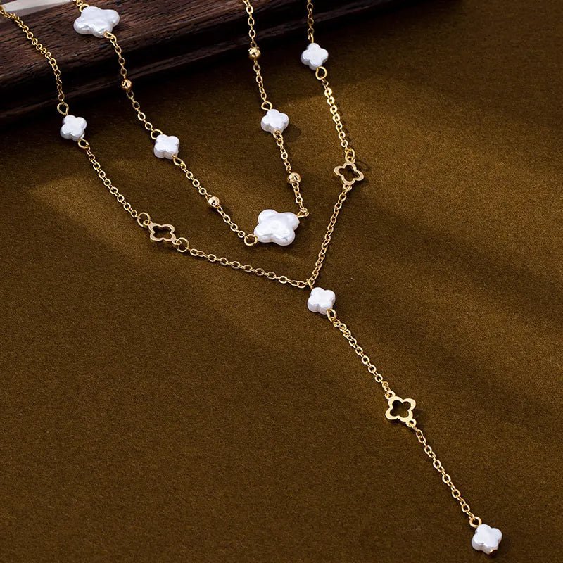 French Double Layer Pearl Necklace For Women, Four - Leaf Clover Tassel Collarbone Chain, Little Style Choker - RYZZ