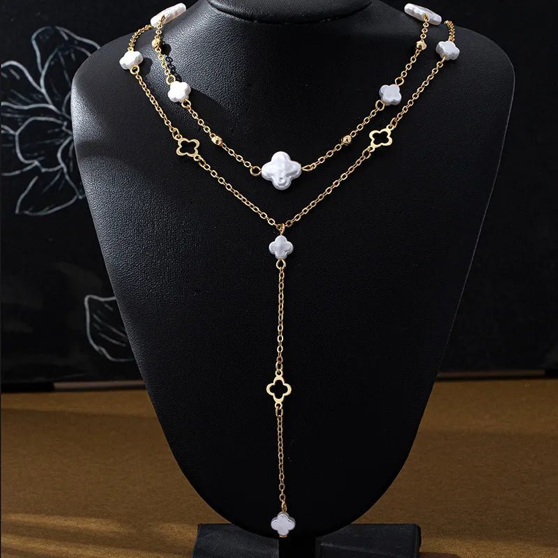 French Double Layer Pearl Necklace For Women, Four - Leaf Clover Tassel Collarbone Chain, Little Style Choker - RYZZ