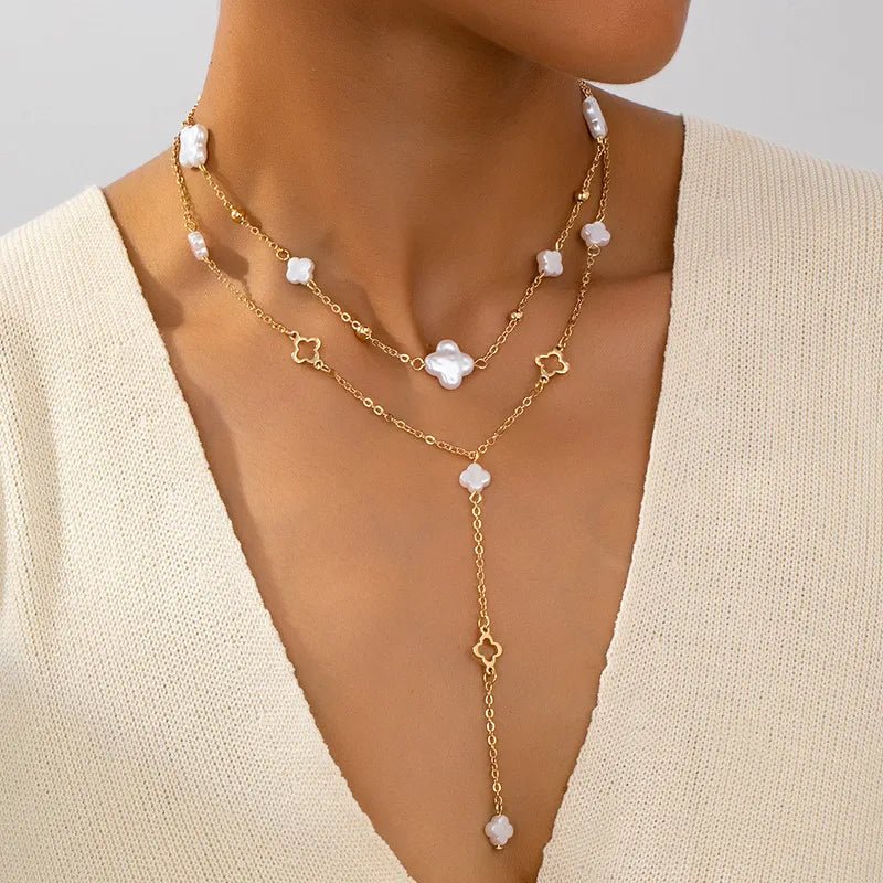 French Double Layer Pearl Necklace For Women, Four - Leaf Clover Tassel Collarbone Chain, Little Style Choker - RYZZ