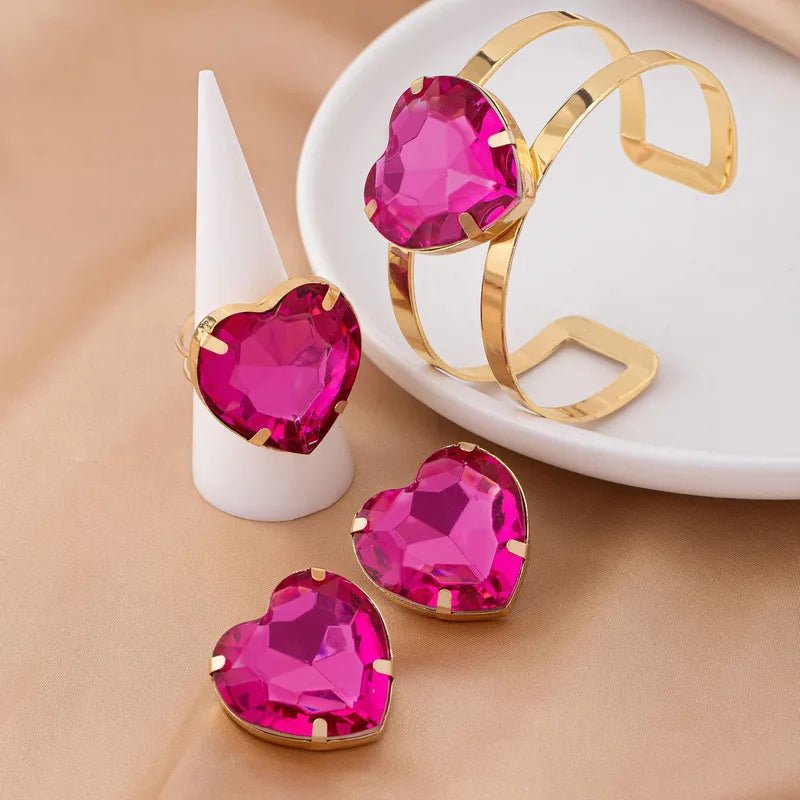 French Retro Palace - Style Ruby Heart - Shaped Women's Open - Ring Bracelet Earrings Love Diamond Fashion Jewelry Accessories - RYZZ