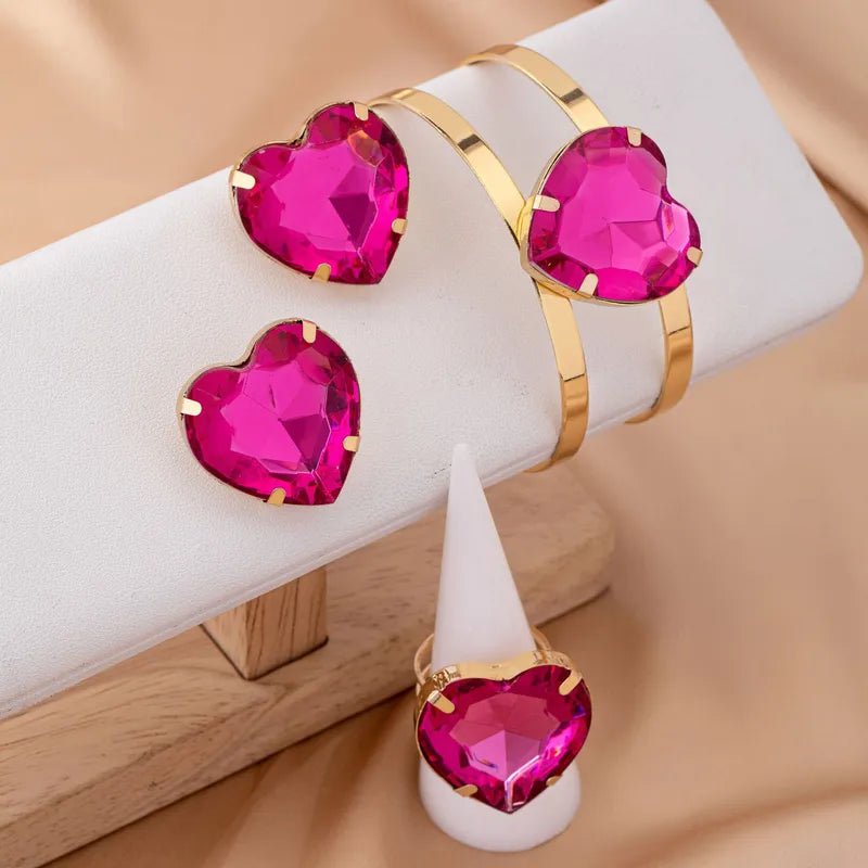 French Retro Palace - Style Ruby Heart - Shaped Women's Open - Ring Bracelet Earrings Love Diamond Fashion Jewelry Accessories - RYZZ