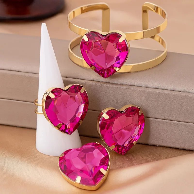 French Retro Palace - Style Ruby Heart - Shaped Women's Open - Ring Bracelet Earrings Love Diamond Fashion Jewelry Accessories - RYZZ