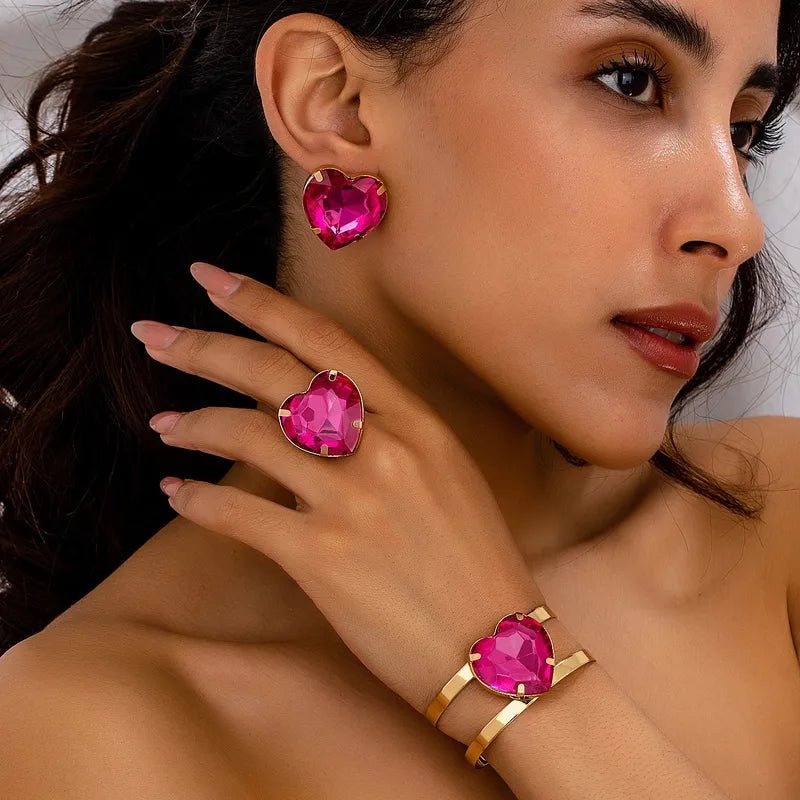 French Retro Palace - Style Ruby Heart - Shaped Women's Open - Ring Bracelet Earrings Love Diamond Fashion Jewelry Accessories - RYZZ