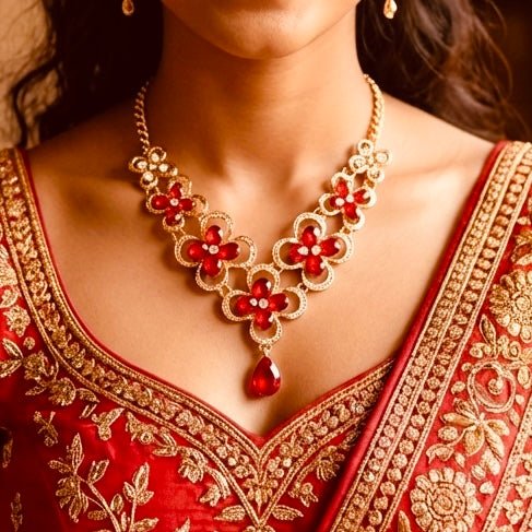 Red Chunky Floral Pattern Bold Brass Statement Necklace Party Wear Neck Piece - RYZZ