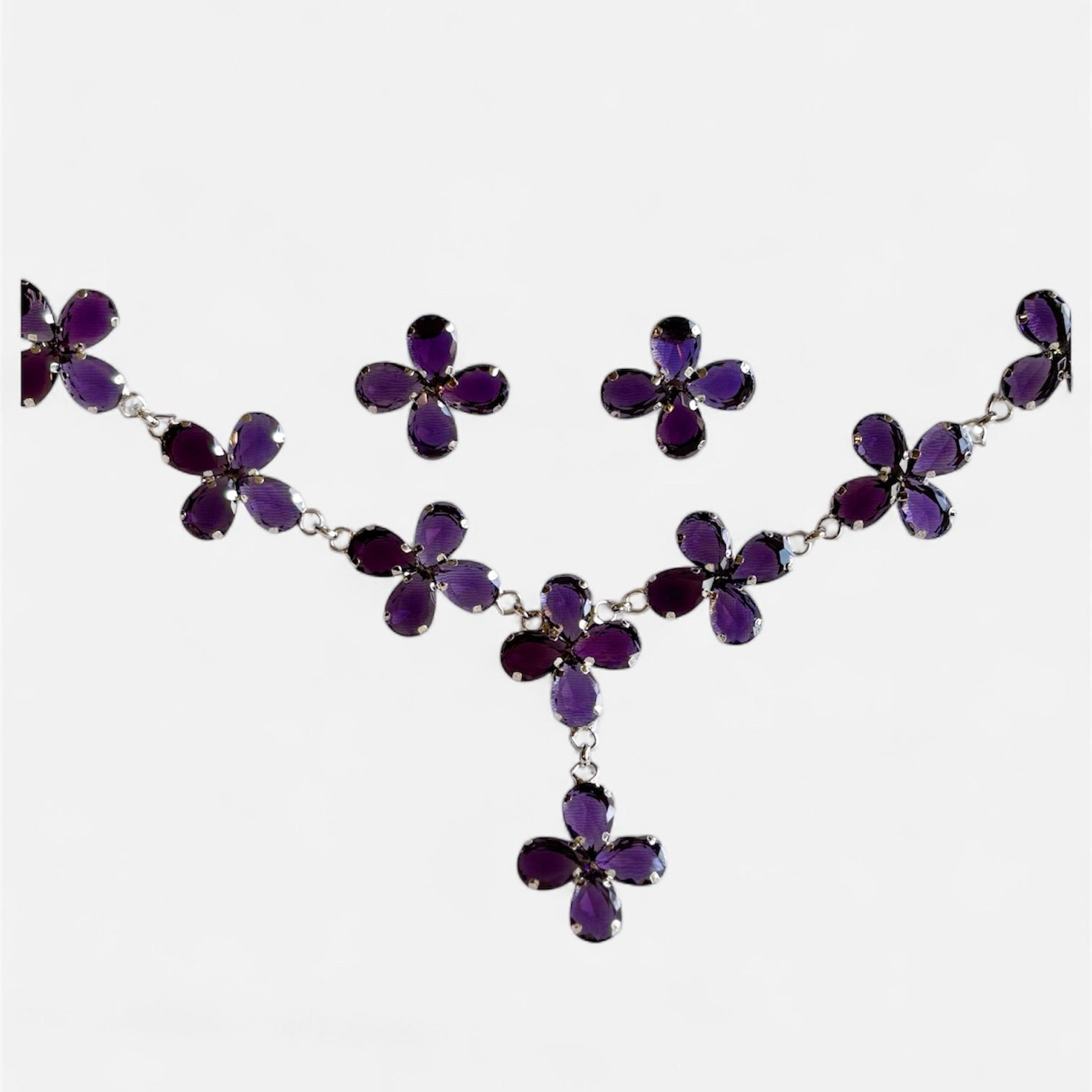 Purple Floral Alloy Necklace and Earrings Set - RYZZ