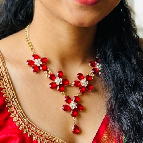 Red Floral Korean Designer Statement Necklace in Gold Accent for the Stunning You - RYZZ