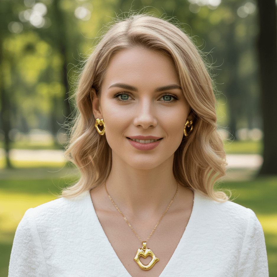 Water Plated Imitation Gold Tone Hot Selling 304 Stainless Steel Hot Lips Pattern Earrings Necklace Set - RYZZ