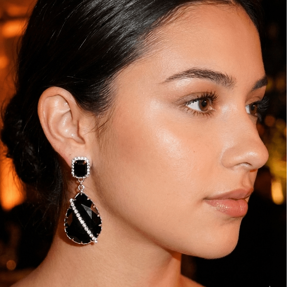 Cubic Zirconia Dangle Cocktail Earrings with Black Stones in Silver Accent Available in Various Colors - RYZZ