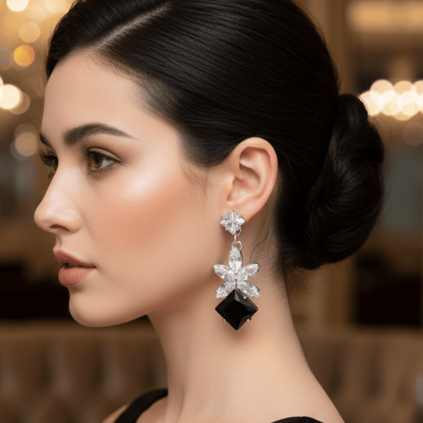 Black Cubic Zirconia Dangle Statement Earrings Alloy Earrings - RYZZ