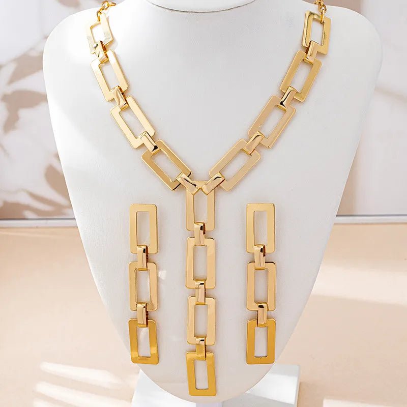 Geometric Metal Necklace Bracelet Earrings Jewelry Set For Women Cool Square Chain Link - RYZZ