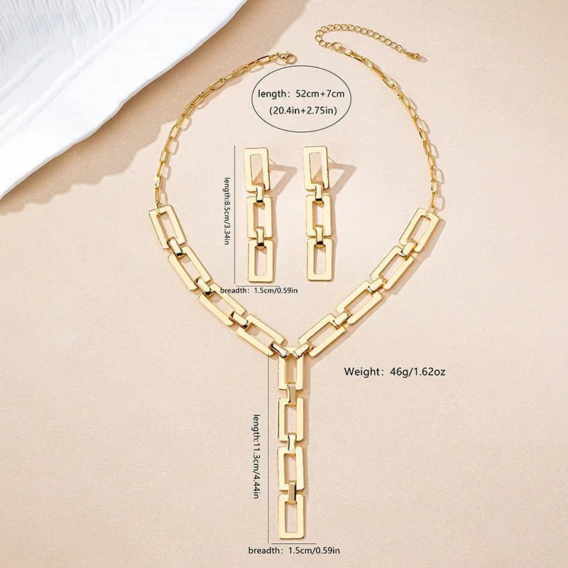 Geometric Metal Necklace Bracelet Earrings Jewelry Set For Women Cool Square Chain Link - RYZZ