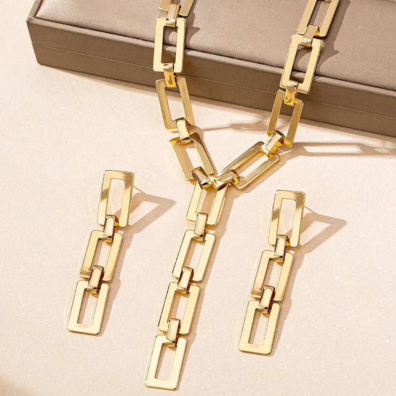 Geometric Metal Necklace Bracelet Earrings Jewelry Set For Women Cool Square Chain Link - RYZZ