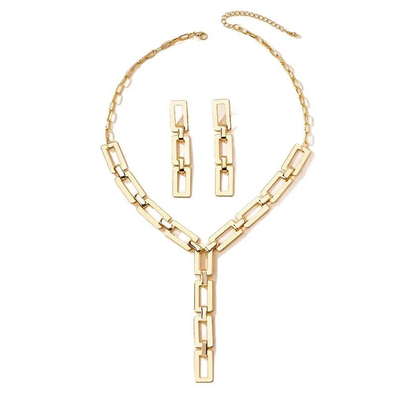 Geometric Metal Necklace Bracelet Earrings Jewelry Set For Women Cool Square Chain Link - RYZZ