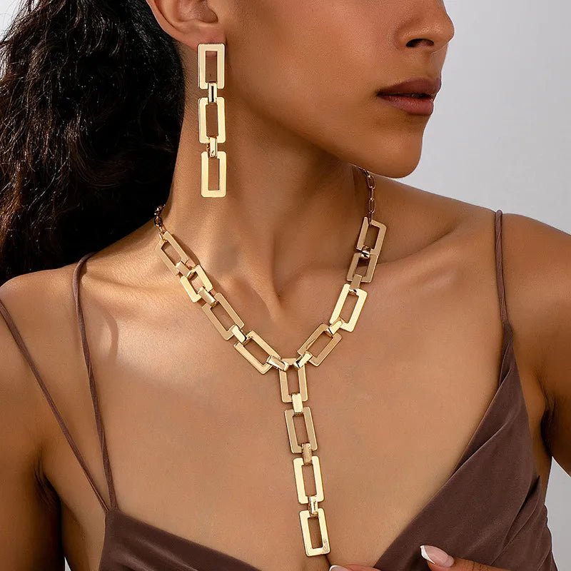 Geometric Metal Necklace Bracelet Earrings Jewelry Set For Women Cool Square Chain Link - RYZZ