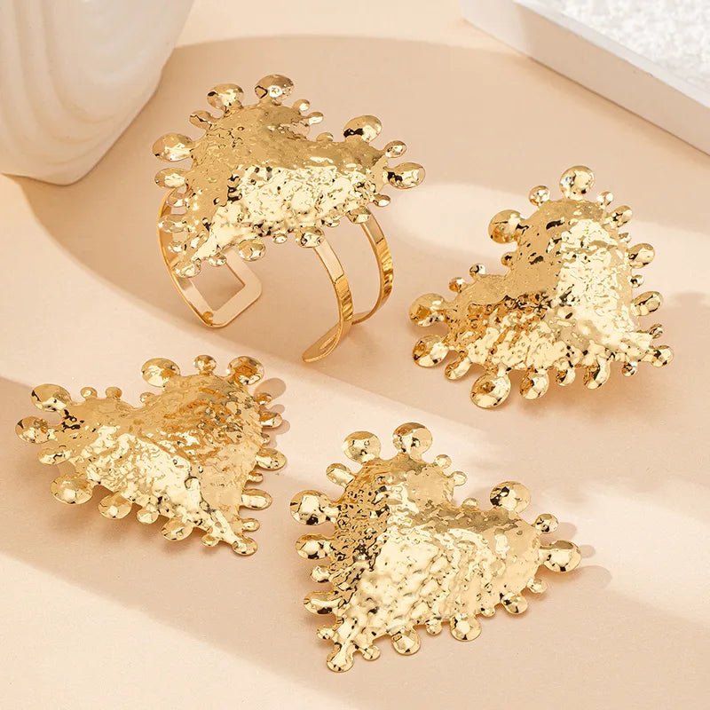 Gold Heart - shaped Wide Metal Bracelet Earrings Open Ring Set Designer Jewelry For Women Vintage Alloy Gold Plated - RYZZ