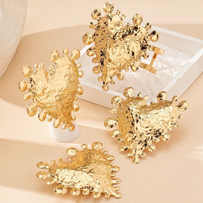 Gold Heart - shaped Wide Metal Bracelet Earrings Open Ring Set Designer Jewelry For Women Vintage Alloy Gold Plated - RYZZ