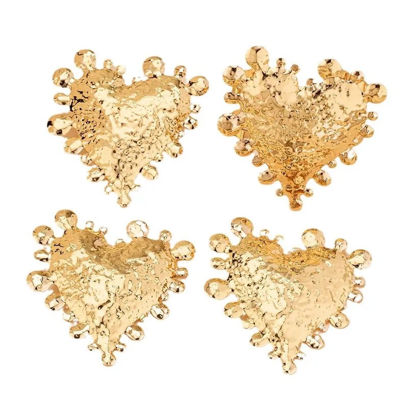 Gold Heart - shaped Wide Metal Bracelet Earrings Open Ring Set Designer Jewelry For Women Vintage Alloy Gold Plated - RYZZ