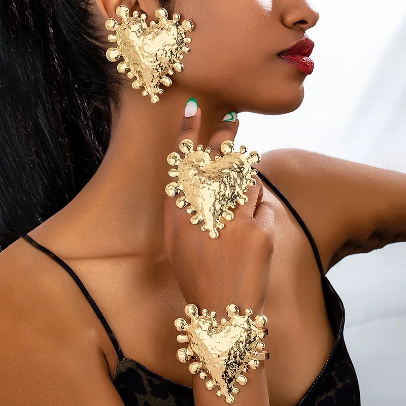 Gold Heart - shaped Wide Metal Bracelet Earrings Open Ring Set Designer Jewelry For Women Vintage Alloy Gold Plated - RYZZ