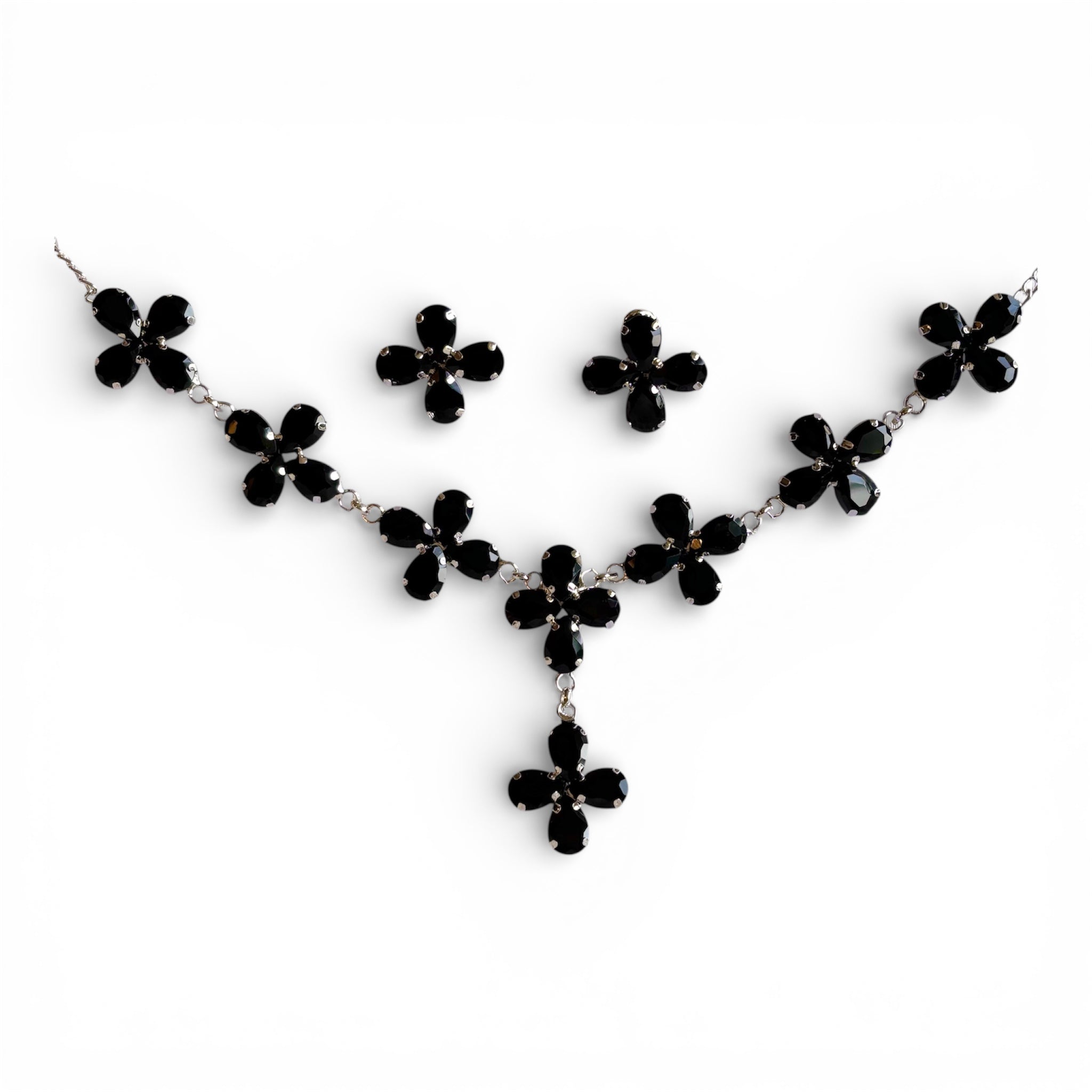 Black Floral Alloy Necklace and Earrings Set - RYZZ