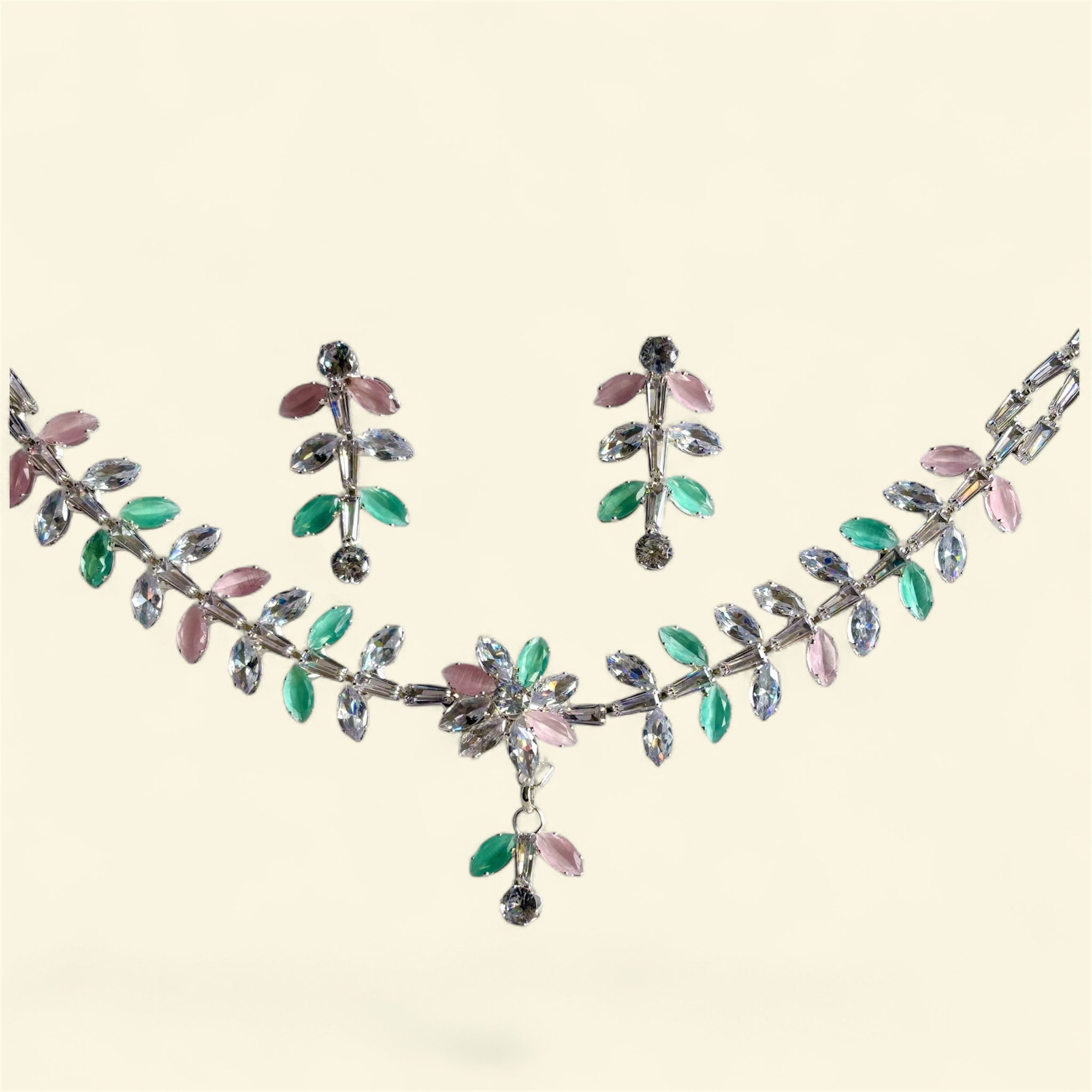 Beautiful Floral Multi Colour CZ Alloy Jewellery Set in Silver Finish Necklace and Earrings Set - RYZZ