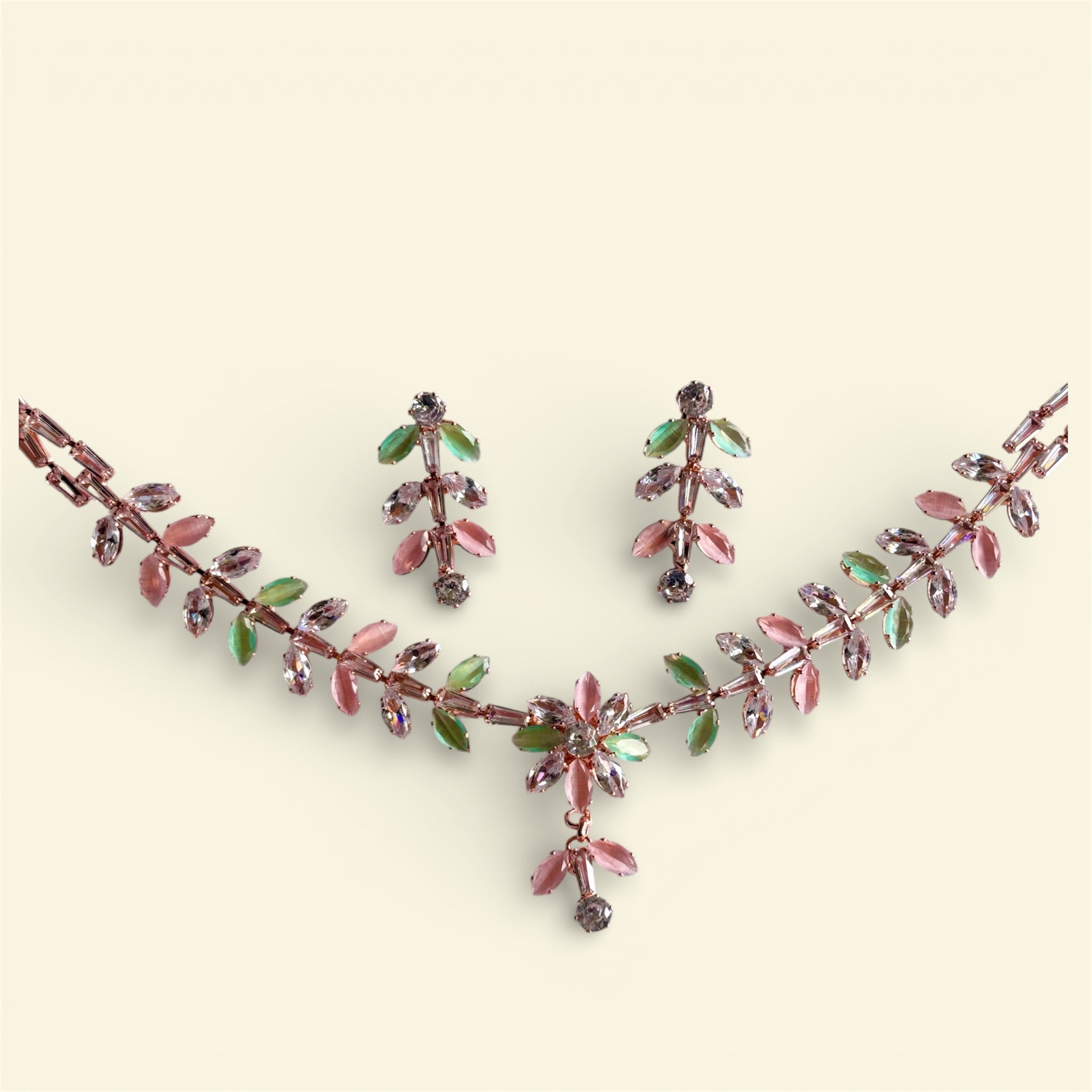Beautiful Floral Multi Colour CZ Alloy Jewellery Set in Rhodium Finish Necklace and Earrings Set - RYZZ