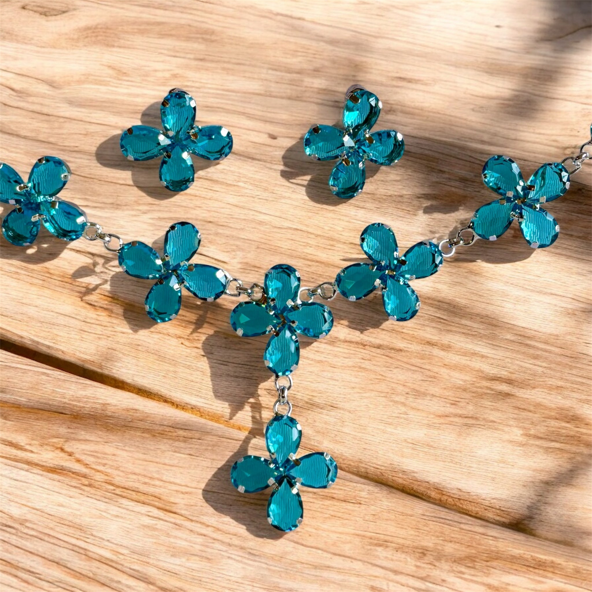 Blue Floral Alloy Necklace and Earrings Set - RYZZ