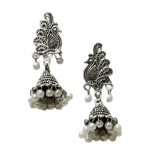 Peacock Design Pair of Ornate Jhumki Earrings with Pearl Beads - RYZZ