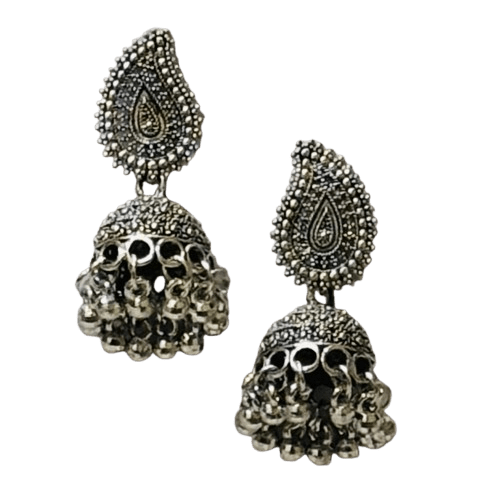 Pair of Silver Finish Jhumki Earrings with Indian Motif at Best Price - RYZZ