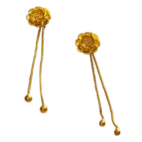 Rose Design Pair of Gold Plated Earrings with Spherical Tops and Chain Drops - RYZZ