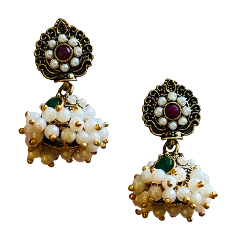 Pair of Ornate Jhumki Earrings with Pearl Beads - RYZZ