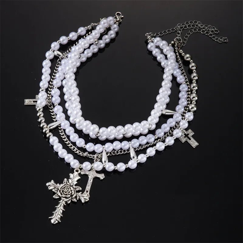 Multi - Layer Cross - Over Fake Pearl Necklace Popular Jewelry Clavicle Chain Accessory Luxury Minimalist High - End Geometric Pattern - RYZZ